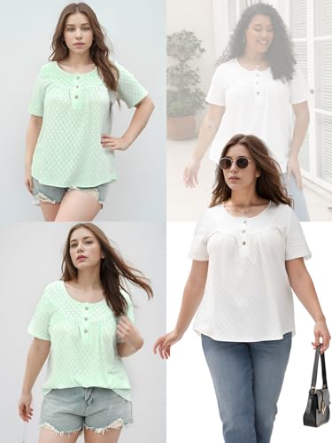 Image of VISLILY Womens-Plus-Size-Summer-Tops Buttons Up Henley Shirts Flowy Pleated Tunics Trendy Eyelet Short Sleeve Blouses