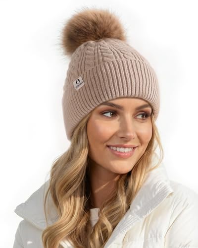 FURTALK Winter Hats for Women Fleece Lined Pom Pom Beanie Warm Knit Cap Light Khaki