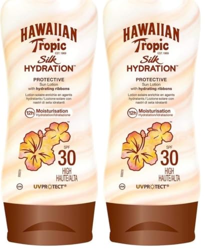 Hawaiian Tropic Hydrating Protection SPF 30 - Loción Solar Protectora con Cintas de Seda Hidratantes, Resistente al Agua hasta 12 Horas, Crema 180 ml (Individual) (Paquete de 2)