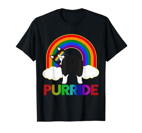 Purride Funny Cat Gay Pride LGBTQ Rainbow Sunglasses T-Shirt