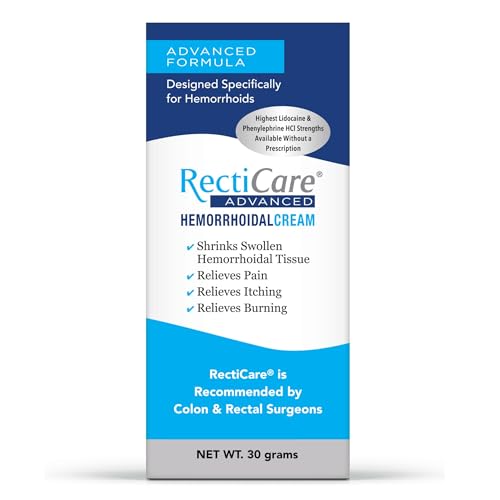 Recticare Advanced Hemorrhoidal Cream 30g - 4-1 Symptom Relief: Relieves Pain, Itching, Burning & Swelling - Max Strength Lidocaine & Phenylephrine