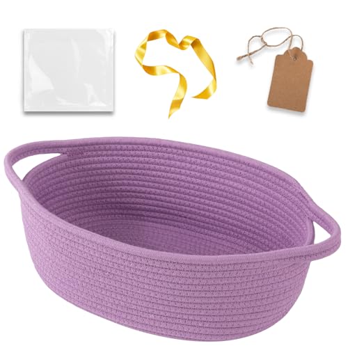 Image of OIAHOMY Small Woven Basket with Gift Bags, Ribbons & DIY Label Card, Baskets for Gifts Empty, Small Rope Basket 12 * 8 * 5IN, Cute Decorative Baskets with Handles for Baby Pets, Toys, Lilac Purple