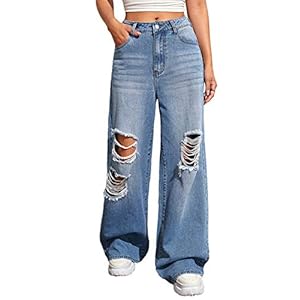SweatyRocks Women's Casual Loose Ripped Denim Pants Distressed Wide Leg Jeans Blue Medium