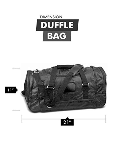 Duffel Bag - Genuine Leather - Black - Main Compartment and 3 Zippered Pockets - 4 No-Slip Feet - Detachable Padded Shoulder Strap - Great for Gym or Travel - 21" × 10" × 11"3