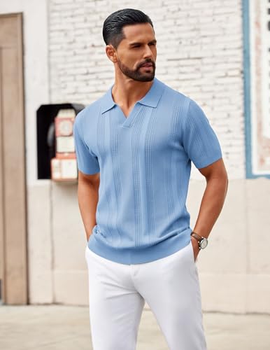 Image of COOFANDY Mens Knit Polo Shirts V Neck Textured Polo Shirts Short Sleeve Breathable Polo Casual Collared T Shirt Fashion Tops