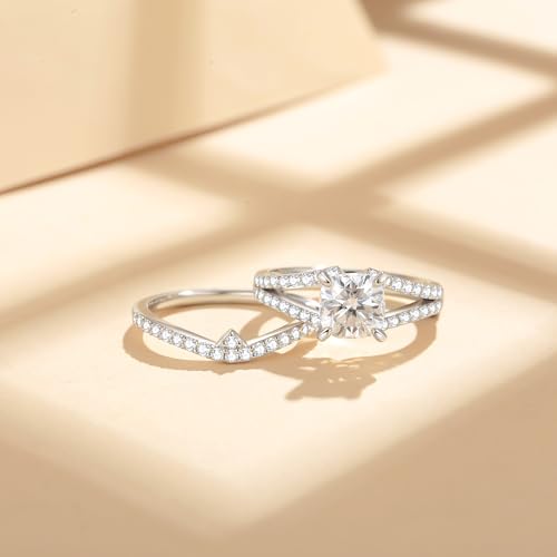 Image of Moissanite Wedding Ring Sets D Color VVS1 Moissanite Ring Sets,Moissanite Engagement Ring 18K White Gold Plated 925 Sterling Silver Moissanite Ring