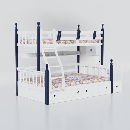 Image of Wudniture Solid Sheesham Wood Bunk Bed for with Storage for Kids and Adults | Bunk Beds for Kids Bedroom (White)