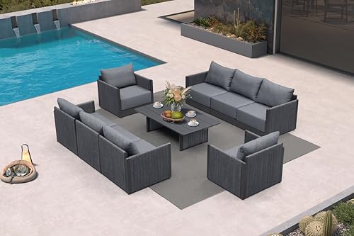 Image of PURPLE LEAF Patio Sofa 9 PCS w /Table, Powder-Coated Frame, Gray