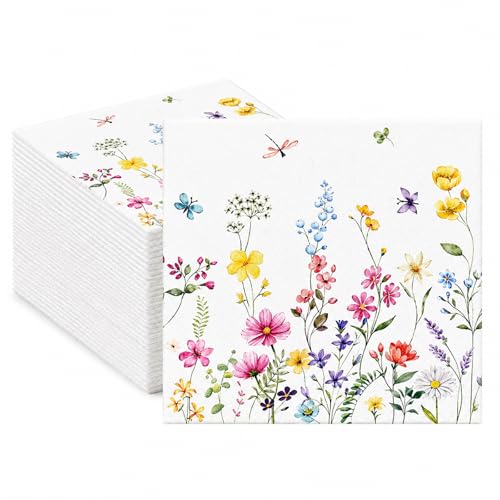 40 Stück Serviette Wildblume Papierservietten mit Blumen Servietten Blumenwiese Schmetterlinge Servietten Blumenmuster für Geburtstag Frühling Tischdekoration Partys Hochzeiten Feiern