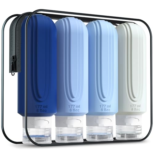 Travel Bottles for Toiletries, Large 6oz Oversize Containers, BPA Free Leak Proof Tubs Refillable Liquid Travel Accessories with Toiletry Bag for Cometic Shampoo and Lotion Soap (4 Pack)