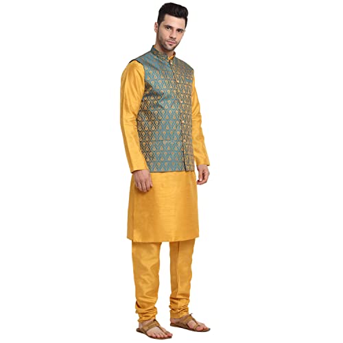 Image of KRAFT INDIA Mens Gold Silk Blend Kurta and Churidar Set With Jacquard Paisley Nehru Jacket