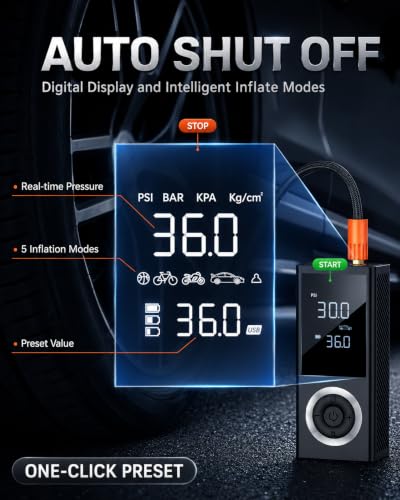 Image of Tire Inflator Portable Air Compressor, 150 PSI Smart Air Pump with Digital Pressure Gauge, LED Light, 12V Car Power Adapter, Storage Box