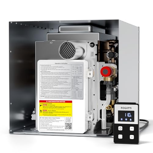 FOGATTI RV Tankless Water Heater, 3 Door Size Options (15"x15"/15"x18"/18"x18") for Easy Retrofit, 12V DC Power, Remote Controller, Propane, Ideal for RV Families & Campers, InstaShower 8 Plus