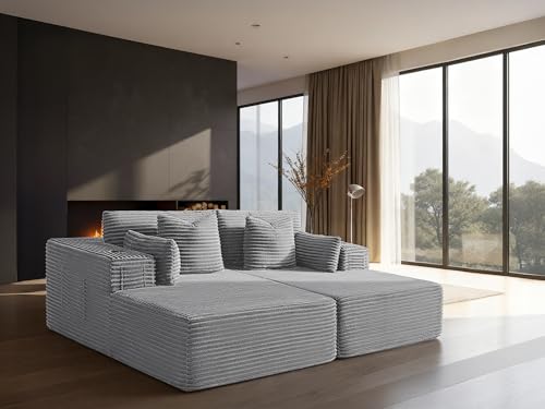 Image of 72 inch Cloud Sectional Couch, Comfort U Shaped Sofa for Living Room, Extra Deep Seats No Assembly, Minimalist Modular Couch, Corduroy (Light Grey, Loveseat Chaise)