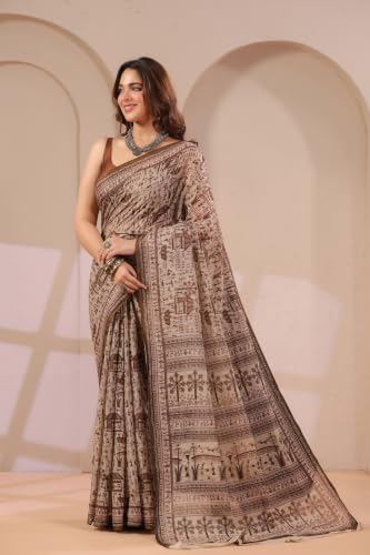Image of TAMAIRA FASHION Off White Mulmul Pure Cotton Saree For Woman Warli Printed|Office Wear Daily Wear Sarees For Women Without Blouse Piece (Available in 21 Colours)