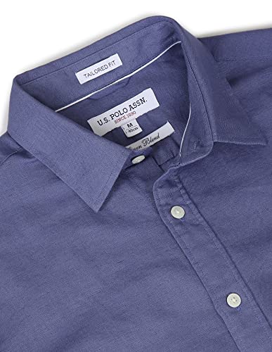 Image of U.S. Polo ASSN. Men's Solid Cotton Linen Tailored Fit Spread Collar Casual Shirt