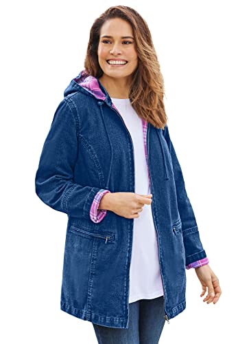 Woman Within Plus Size Flannel-Lined Denim Jacket Removable Hood Long Oversized Jean Coat