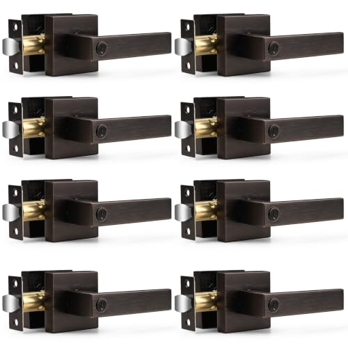 Probrico Heavy Duty Oil Rubbed Bronze Door Handles, Interior Keyless Locks Bath/Bed Door Locksets, Square Privacy Door Levers Reversible for Left/Right Handed Doors, 8 Pack