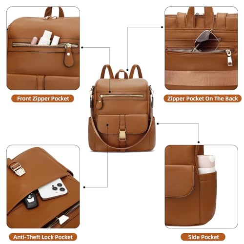 Image of KKXIU Backpack Purse for Women - Multi-pocket Leather backpack for Travel, Work & School with Anti-Theft Lock Pocket, Luggage Strap & Water Bottle Pockets - 13x14x5.2 Inch, 1.67lb (Brown)