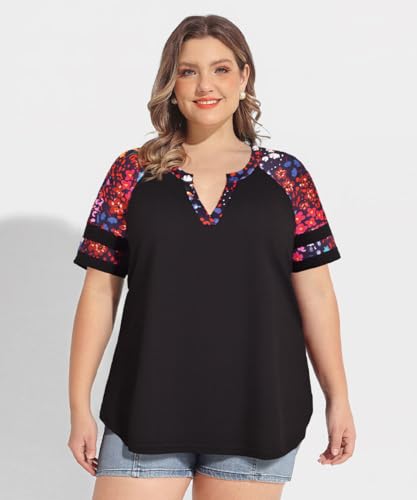 Image of CARCOS Plus Size Tops for Women Short Sleeve Summer Pullover Color Block Crewneck /V Neck Tee Tunic Loose Fit Tshirts XL-5XL