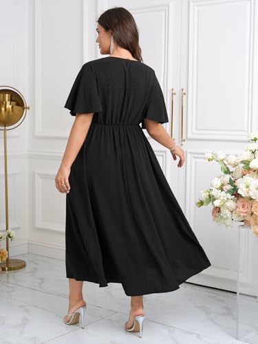 Image of SHESTARR Womens Plus Size Wrap V Neck Dress Short Flutter Sleeve Pleated Empire Waist Ruffle A Line Maxi Long Dresses