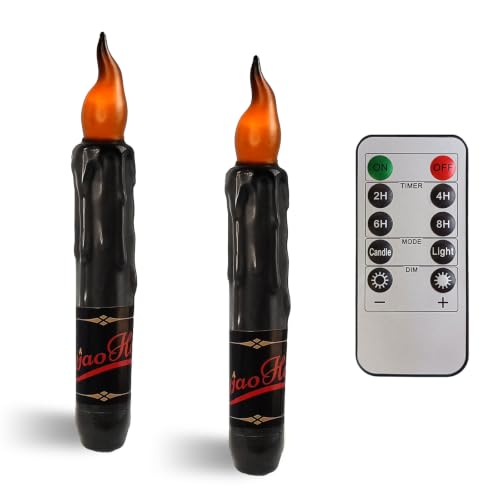 Image of Real Wax LED Flameless Halloween Short Taper Candles with Remote, 6.7 Inches Black Candlesticks, Dripless Battery Operated Flame Rustic Primitive Flameless Lights Decor, Pack of 2