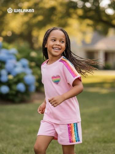 Image of WELAKEN Girls 2 Piece Outfit Kid Toddler Heart & Rainbow Sequin Striped T-shirt and Shorts Clothing Set