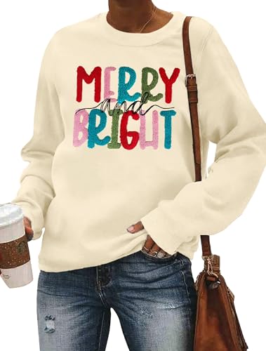 Image of Christmas Sweatshirt Women Merry and Bright Christmas T-Shirt Funny Xmas Lights Blouse Tops Holiday Shirts