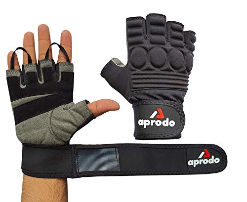 Aprodo Sports Leather Fitness Gloves Gym Workout Gloves with Wrist Support & Padded Knuckle Protector (Pack of 1 Pair) (Black and Grey, Small)