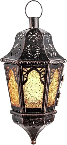 DECORKEY Hanging Moroccan Lantern Decorative Indoor & Outdoor, 13.6’’ Ramadan Decorative Amber Lanterns with Chian for Porch Patio Home Decor, Vintage Metal Christmas Candle Holder Decorations