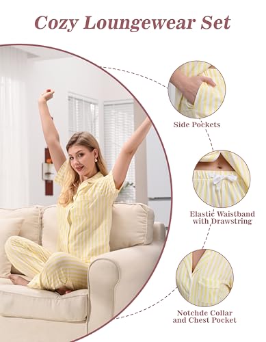 Image of NAP BOUND 100% Cotton Women's Pajama Sets Short Sleeve Button Down Soft Pjs 2 Piece Lounge Set with Pocket Nightwear XS-XXL