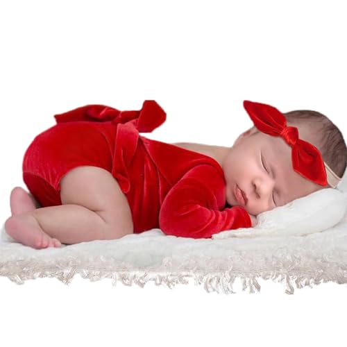 Image of Holibeat Newborn Girl Christmas Red Photography Props Baby Girl Thanksgiving Xmas Photoshoot Outfits Velvet New Year Decor (red)