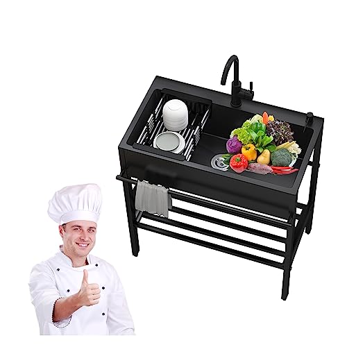 Fregadero utilitario de acero inoxidable negro, fregadero al aire libre, fregadero de cocina de un solo tazón, fregadero de lavandería, fregadero independiente, con grifo de agua caliente y fría,