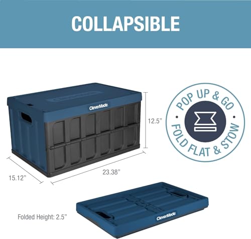 Image of CleverMade Collapsible Storage Bins with Lids, 62L, 3 Pack, Ocean | Large-capacity bins support 100 lb and stack securely. The lid stores underneath, and each crate folds to 2.5 inches.
