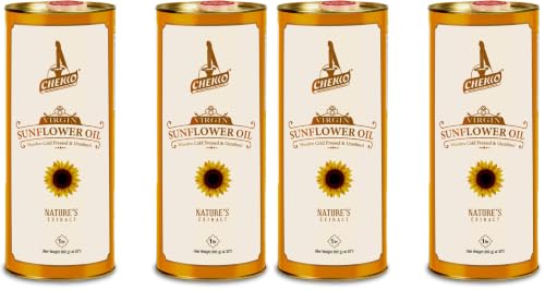 Image of Chekko Cold Pressed Sunflower Oil 2 Litre | Wood Pressed Sunflower Oil | Pure Unrefined Edible Cooking Oil | Rich in Vitamin E & Natural Oil for Cooking, Frying, Deep Fry, Sauteing & Daily Indian Cooking (1 Litre*Pack of 4)