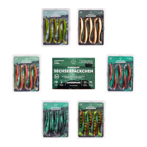 Foto von Zanderfang Glasaugen Gummifisch Set 9 cm – 30 Gummiköder in 6 Farben – Softbaits mit Fischaroma für Zander, Barsch, Hecht – Kunstköder Angelköder zum Dropshotten & Jiggen