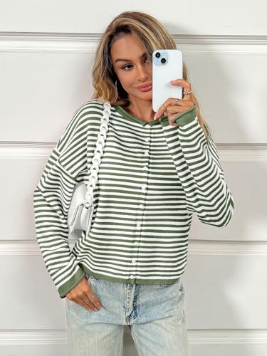 Image of Saodimallsu Womens Striped Cardigan Casual Long Sleeve Open Front Button Down Loose Knit Lightweight Fall Sweaters