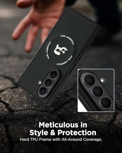 Image of CG MOBILE Karl Lagerfeld [Official Licensed] Magnetic Compatible | PU Case | Karl & Choupette Heads Pins Logo & Metallic Camera Guard Protective Case Designed for Galaxy Z Fold 7 (2025)