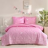 JSD Gradient Pink Stars Kids Comforter Set Queen Size, 3 Piece Space Theme Girls Printed Microfiber Bedding Set, Machine Washable