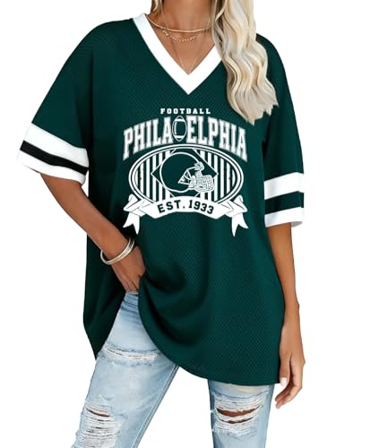 Football Shirts for Women Game Day Oversized Meah Tshirt Football Fans Season V Neck Short Sleeve Tee Tops Green
