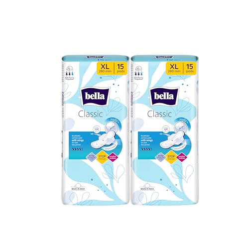 Image of Bella Classic Maxi Softi Pads For Women XL 15pcs | Sanitary Napkins for Sensitive Skin | Extra soft & Smooth | Leak proof for heavy flow | 28 cm Long | Breathable with Wing Protection | Extra Protective Zone | Rash Free Period | Comfort Cussion | Pack Of 2