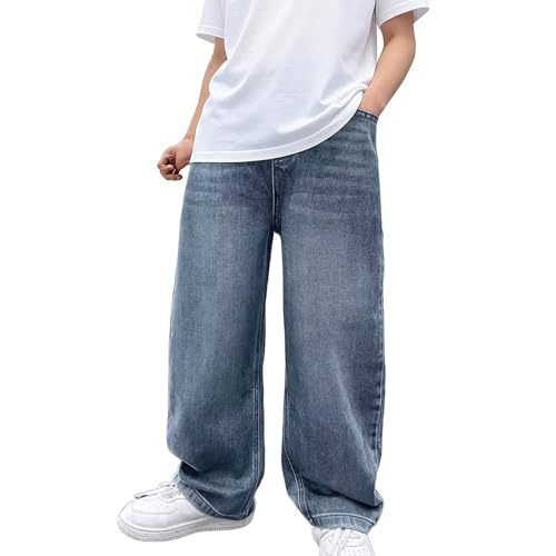 Zeavitt Boys Kids Baggy Jeans Elastic Waist Pull On Denim Pants Fleece Winter Straight Wide Leg Jeans 6-14 Years Blue