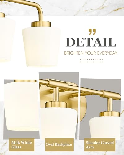 Image of Bathroom Light Fixtures Over Mirror, 4-Light Brushed Gold Vanity Lighting Fixtures with Milk White Glass, Farmhouse Champagne Bronze Wall Sconces Lighting, AD-22004-4W-GD