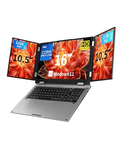 KOOFORWAY Triple Screen Laptop,16” Main + Dual 10.5” Monitors, Core i7-1270P, 32GB RAM,2TB SSD, Windows 11 Pro,Wi-Fi 5,BT 5.0,Face & Fingerprint Unlock,USB-C,HDMI for Business/Design/Stock Trading