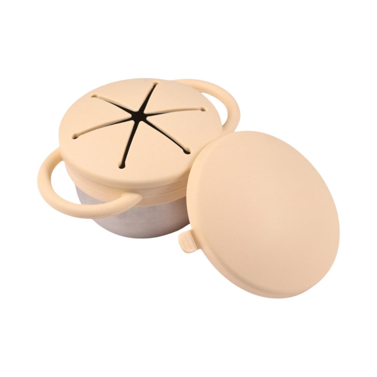 THEONI Stainless Steel, BPA Free Snack Cups with Removable Silicone Food Catcher and Travel Lid | Spill-Proof | Baby, Infant, Toddler-Friendly | Dishwasher Safe-355ml per Cup (Beige)