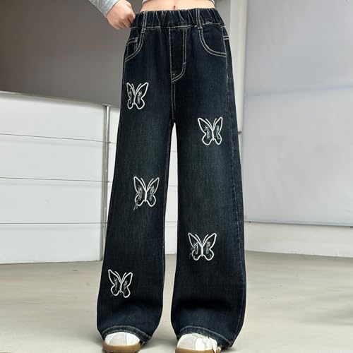 Girls Jeans Cute Butterflies Elastic Waist Straight Baggy Wide Leg Casual Kids Denim Pants3