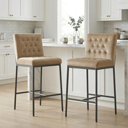 Image of CHITA Modern Bar Stools with Tufted Back Set of 2, 26 inch Counter Height Bar Stool with Metal Legs for Kitchen Island & Dining Room, Toffee Fabric, Black Frame
