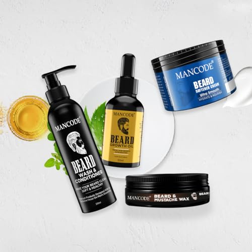 Image of MANCODE Beard Grooming Kit - Beard Growth Oil 50 ml | Beard Wash and Conditioner 200 ml | Beard Softener Cream 100gm | Beard & Mustache Wax for Men 50 gm - Beard Care Kit for Men (Pack of 4)