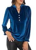 Women's Blue Velvet Tops Puff Long Sleeve V Neck Ruched Fall Winter 2025 Trendy Christmas New Years Formal Evening Party Holiday Velour Shirts Dressy Casual Blouses L