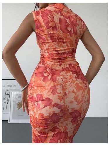 Image of BEAUDRM Women's Floral Print Midi Bodycon Dresses Split Thigh Ruched Mock Neck Fitted Tank Dress